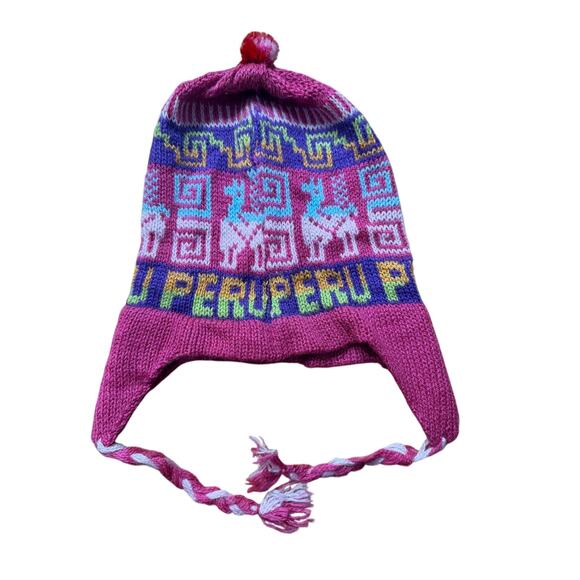 Peruvian Alpaca Wool Chullo Laplander Hand Knit Fringe Winter Hat Llama Pink - Picture 2 of 3